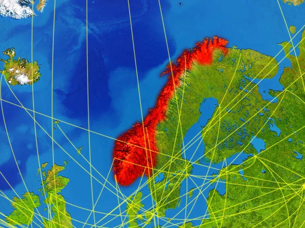 ネットワークと地球のモデル上の領域からノルウェー 街の明かりと詳細な惑星の表面 イラスト Nasa から提供されたこのイメージの要素 — ストック写真