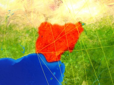 Nijerya modeli bir ağları ile dünya gezegeni uzaydan. Şehir ışıkları ile detaylı gezegen yüzeyinde. 3D çizim. Nasa tarafından döşenmiş bu görüntü unsurları.