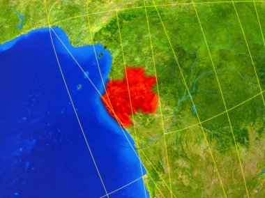 Gabon modeli bir ağları ile dünya gezegeni uzaydan. Şehir ışıkları ile detaylı gezegen yüzeyinde. 3D çizim. Nasa tarafından döşenmiş bu görüntü unsurları.