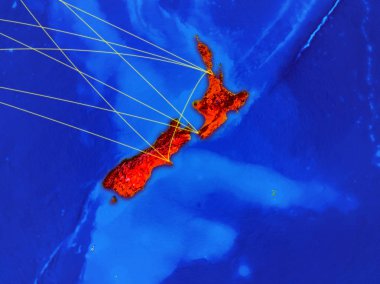 Yeni Zelanda modeli bir ağları ile dünya gezegeni uzaydan. Şehir ışıkları ile detaylı gezegen yüzeyinde. 3D çizim. Nasa tarafından döşenmiş bu görüntü unsurları.