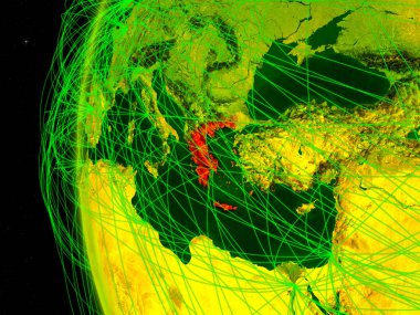 Boşluk dijital dünya modeliyle uluslararası ağlar üzerinde Yunanistan'dan. Dijital iletişim veya seyahat kavramı. 3D çizim. Nasa tarafından döşenmiş bu görüntü unsurları.