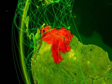 Venezuela uzaydan Dünya dijital modeli ile uluslararası ağlar. Dijital iletişim veya seyahat kavramı. 3D çizim. Nasa tarafından döşenmiş bu görüntü unsurları.