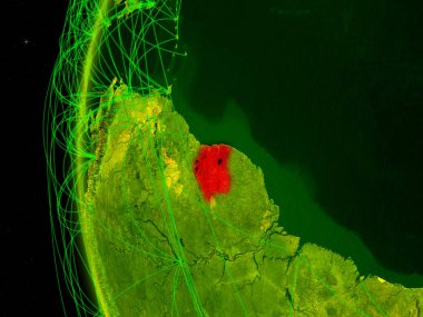 Surinam uzaydan Dünya dijital modeli ile uluslararası ağlar. Dijital iletişim veya seyahat kavramı. 3D çizim. Nasa tarafından döşenmiş bu görüntü unsurları.