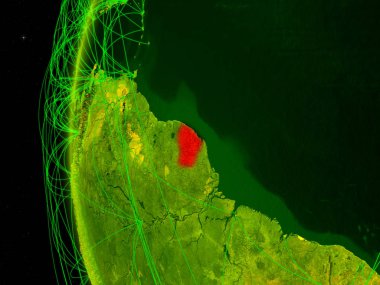 Fransız Guyanası uzaydan Dünya dijital modeli ile uluslararası ağlar. Dijital iletişim veya seyahat kavramı. 3D çizim. Nasa tarafından döşenmiş bu görüntü unsurları.