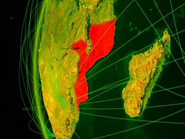 Mozambik uluslararası ağları ile dijital modeli bir dünya uzaydan. Dijital iletişim veya seyahat kavramı. 3D çizim. Nasa tarafından döşenmiş bu görüntü unsurları.