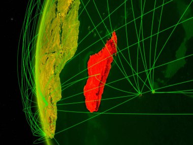 Madagaskar uluslararası ağları ile dijital modeli bir dünya uzaydan. Dijital iletişim veya seyahat kavramı. 3D çizim. Nasa tarafından döşenmiş bu görüntü unsurları.