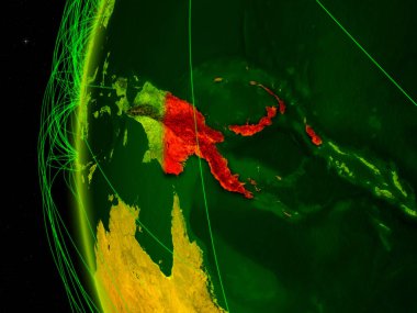 Papua Yeni Gine uzaydan Dünya dijital modeli ile uluslararası ağlar. Dijital iletişim veya seyahat kavramı. 3D çizim. Nasa tarafından döşenmiş bu görüntü unsurları.