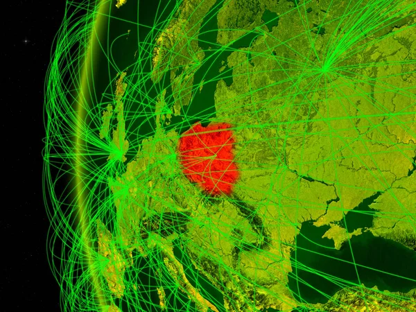 Poland from space on digital model of Earth with international networks. Concept of digital communication or travel. 3D illustration. Elements of this image furnished by NASA.