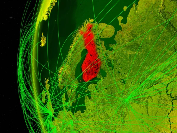 Finland from space on digital model of Earth with international networks. Concept of digital communication or travel. 3D illustration. Elements of this image furnished by NASA.