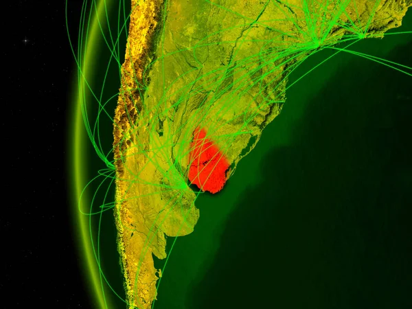 Uruguay from space on digital model of Earth with international networks. Concept of digital communication or travel. 3D illustration. Elements of this image furnished by NASA.