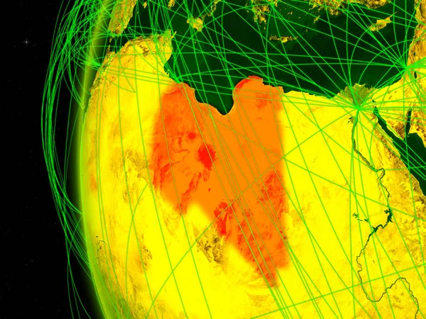 Libya from space on digital model of Earth with international networks. Concept of digital communication or travel. 3D illustration. Elements of this image furnished by NASA.