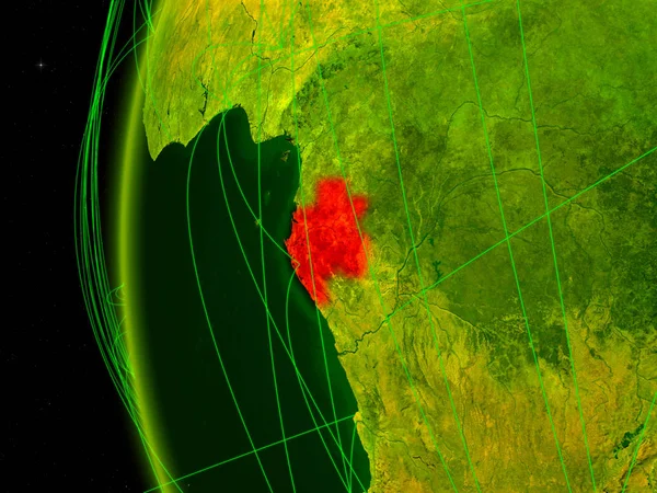 Gabon from space on digital model of Earth with international networks. Concept of digital communication or travel. 3D illustration. Elements of this image furnished by NASA.