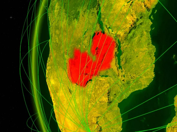 Zambia from space on digital model of Earth with international networks. Concept of digital communication or travel. 3D illustration. Elements of this image furnished by NASA.