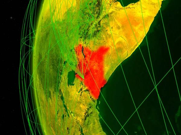 Kenya from space on digital model of Earth with international networks. Concept of digital communication or travel. 3D illustration. Elements of this image furnished by NASA.