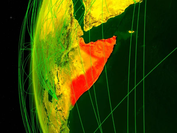 Somalia from space on digital model of Earth with international networks. Concept of digital communication or travel. 3D illustration. Elements of this image furnished by NASA.