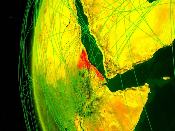 Eritrea from space on digital model of Earth with international networks. Concept of digital communication or travel. 3D illustration. Elements of this image furnished by NASA.