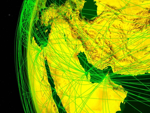 Kuwait from space on digital model of Earth with international networks. Concept of digital communication or travel. 3D illustration. Elements of this image furnished by NASA.