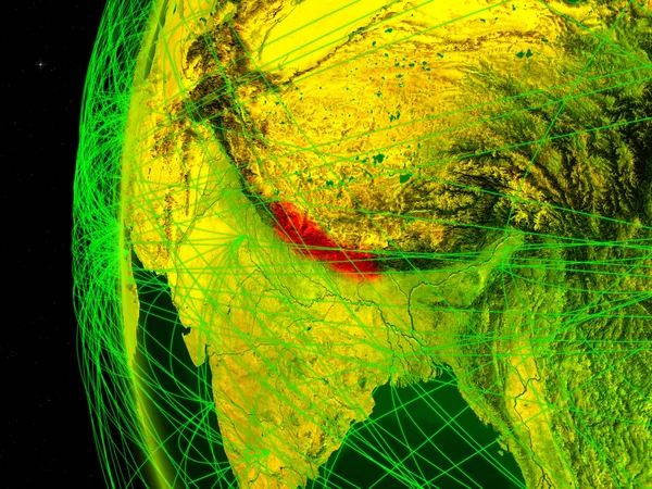 Nepal from space on digital model of Earth with international networks. Concept of digital communication or travel. 3D illustration. Elements of this image furnished by NASA.