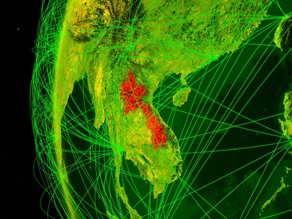 Laos from space on digital model of Earth with international networks. Concept of digital communication or travel. 3D illustration. Elements of this image furnished by NASA.