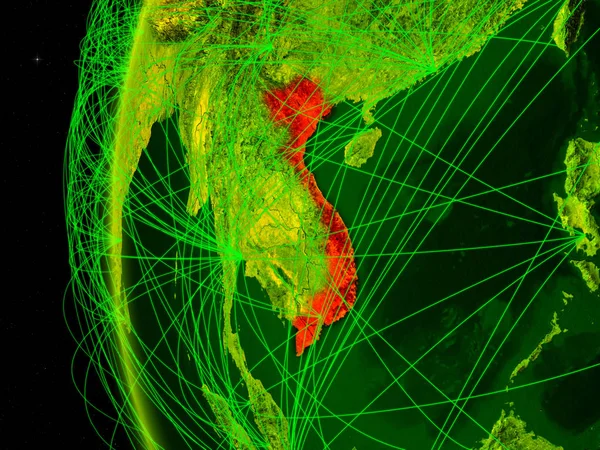 Vietnam from space on digital model of Earth with international networks. Concept of digital communication or travel. 3D illustration. Elements of this image furnished by NASA.