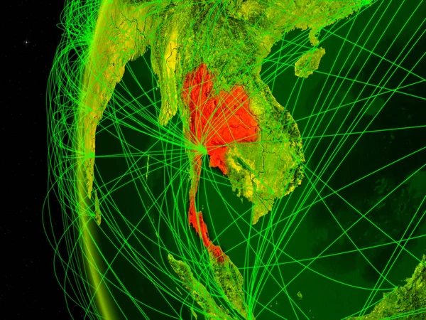 Thailand from space on digital model of Earth with international networks. Concept of digital communication or travel. 3D illustration. Elements of this image furnished by NASA.