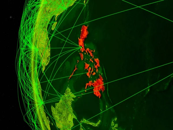 Philippines from space on digital model of Earth with international networks. Concept of digital communication or travel. 3D illustration. Elements of this image furnished by NASA.