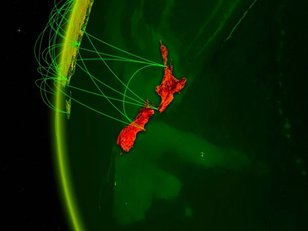 New Zealand from space on digital model of Earth with international networks. Concept of digital communication or travel. 3D illustration. Elements of this image furnished by NASA.