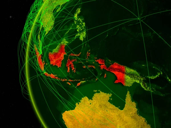 Indonesia from space on digital model of Earth with international networks. Concept of digital communication or travel. 3D illustration. Elements of this image furnished by NASA.