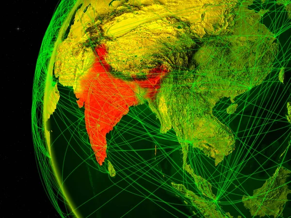 India from space on digital model of Earth with international networks. Concept of digital communication or travel. 3D illustration. Elements of this image furnished by NASA.
