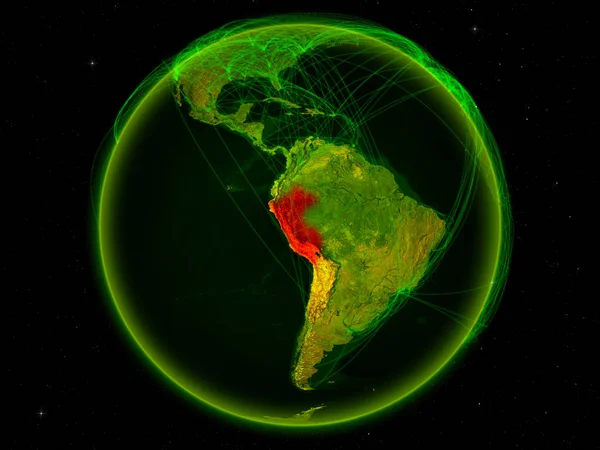 Peru from space on planet Earth with digital network representing international communication, technology and travel. 3D illustration. Elements of this image furnished by NASA.