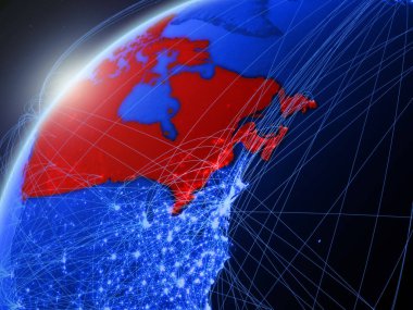 Kanada Yeşil Dünya gezegeninin uluslararası ağları ile modeli. Kavramı mavi dijital iletişim ve teknoloji. 3D çizim. Nasa tarafından döşenmiş bu görüntü unsurları.