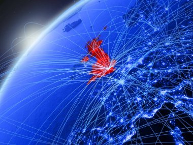 Modeli Yeşil Dünya gezegeninin uluslararası ağları ile İngiltere. Kavramı mavi dijital iletişim ve teknoloji. 3D çizim. Nasa tarafından döşenmiş bu görüntü unsurları.