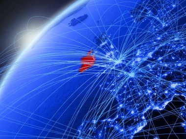 İrlanda modeli Yeşil Dünya gezegeninin uluslararası ağları ile. Kavramı mavi dijital iletişim ve teknoloji. 3D çizim. Nasa tarafından döşenmiş bu görüntü unsurları.