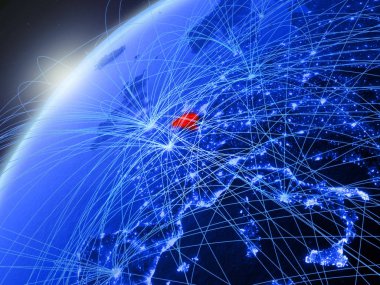 Belçika modeli Yeşil Dünya gezegeninin uluslararası ağları ile. Kavramı mavi dijital iletişim ve teknoloji. 3D çizim. Nasa tarafından döşenmiş bu görüntü unsurları.