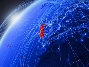 Portekiz modeli Yeşil Dünya gezegeninin uluslararası ağları ile. Kavramı mavi dijital iletişim ve teknoloji. 3D çizim. Nasa tarafından döşenmiş bu görüntü unsurları.