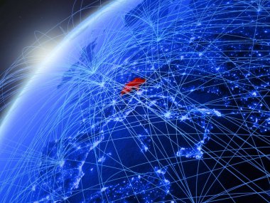 İsviçre modeli Yeşil Dünya gezegeninin uluslararası ağları ile. Kavramı mavi dijital iletişim ve teknoloji. 3D çizim. Nasa tarafından döşenmiş bu görüntü unsurları.