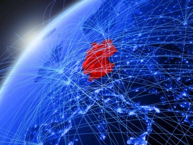 Almanya yeşil Dünya gezegeninin uluslararası ağları ile modeli. Kavramı mavi dijital iletişim ve teknoloji. 3D çizim. Nasa tarafından döşenmiş bu görüntü unsurları.