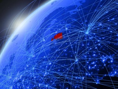 Estonya modeli Yeşil Dünya gezegeninin uluslararası ağları ile. Kavramı mavi dijital iletişim ve teknoloji. 3D çizim. Nasa tarafından döşenmiş bu görüntü unsurları.