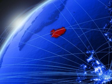 İzlanda modeli Yeşil Dünya gezegeninin uluslararası ağları ile. Kavramı mavi dijital iletişim ve teknoloji. 3D çizim. Nasa tarafından döşenmiş bu görüntü unsurları.