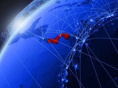 Panama modeli Yeşil Dünya gezegeninin uluslararası ağları ile. Kavramı mavi dijital iletişim ve teknoloji. 3D çizim. Nasa tarafından döşenmiş bu görüntü unsurları.