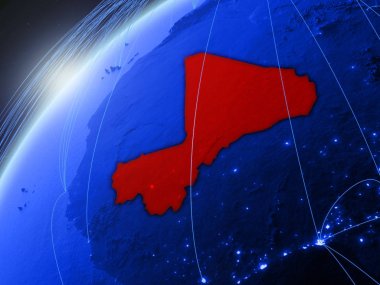 Mali modeli Yeşil Dünya gezegeninin uluslararası ağları ile. Kavramı mavi dijital iletişim ve teknoloji. 3D çizim. Nasa tarafından döşenmiş bu görüntü unsurları.