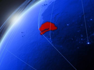 Senegal modeli Yeşil Dünya gezegeninin uluslararası ağları ile. Kavramı mavi dijital iletişim ve teknoloji. 3D çizim. Nasa tarafından döşenmiş bu görüntü unsurları.
