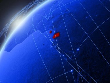 Ekvator Ginesi modeli Yeşil Dünya gezegeninin uluslararası ağları ile. Kavramı mavi dijital iletişim ve teknoloji. 3D çizim. Nasa tarafından döşenmiş bu görüntü unsurları.