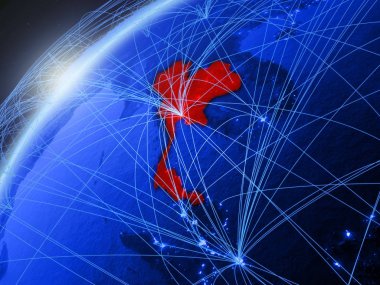 Tayland modeli Yeşil Dünya gezegeninin uluslararası ağları ile. Kavramı mavi dijital iletişim ve teknoloji. 3D çizim. Nasa tarafından döşenmiş bu görüntü unsurları.