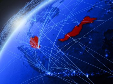 Malezya modeli Yeşil Dünya gezegeninin uluslararası ağları ile. Kavramı mavi dijital iletişim ve teknoloji. 3D çizim. Nasa tarafından döşenmiş bu görüntü unsurları.