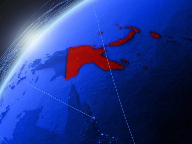 Papua Yeni Gine modeli Yeşil Dünya gezegeninin uluslararası ağları ile. Kavramı mavi dijital iletişim ve teknoloji. 3D çizim. Nasa tarafından döşenmiş bu görüntü unsurları.
