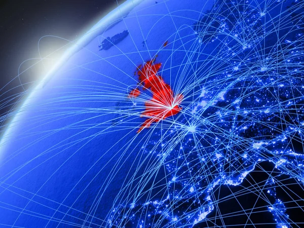 Modeli Yeşil Dünya gezegeninin uluslararası ağları ile İngiltere. Kavramı mavi dijital iletişim ve teknoloji. 3D çizim. Nasa tarafından döşenmiş bu görüntü unsurları.