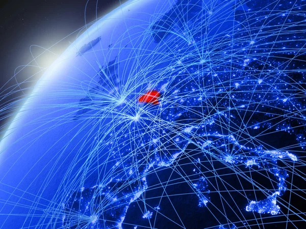 Belçika modeli Yeşil Dünya gezegeninin uluslararası ağları ile. Kavramı mavi dijital iletişim ve teknoloji. 3D çizim. Nasa tarafından döşenmiş bu görüntü unsurları.