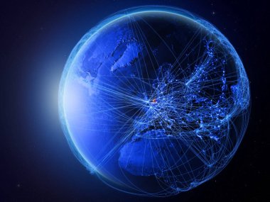 Hollanda Planet Earth uluslararası iletişim, teknoloji ve seyahat temsil eden mavi dijital ağ ile uzaydan. 3D çizim. Nasa tarafından döşenmiş bu görüntü unsurları.