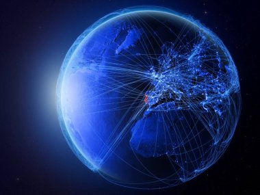 Portekiz Planet Earth uluslararası iletişim, teknoloji ve seyahat temsil eden mavi dijital ağ ile uzaydan. 3D çizim. Nasa tarafından döşenmiş bu görüntü unsurları.